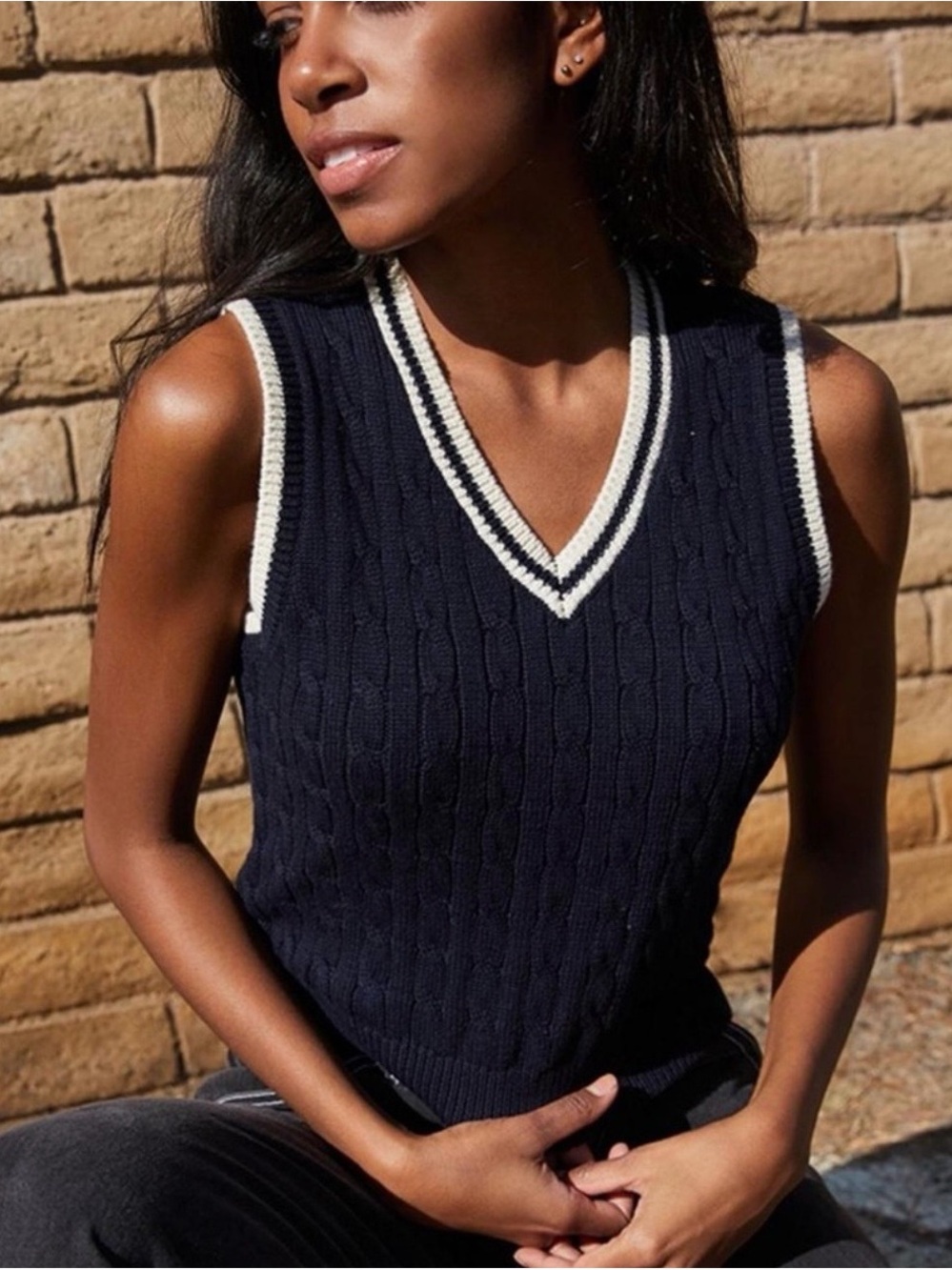 John Galt Navy Cable Knit Sweater Vest | One Size